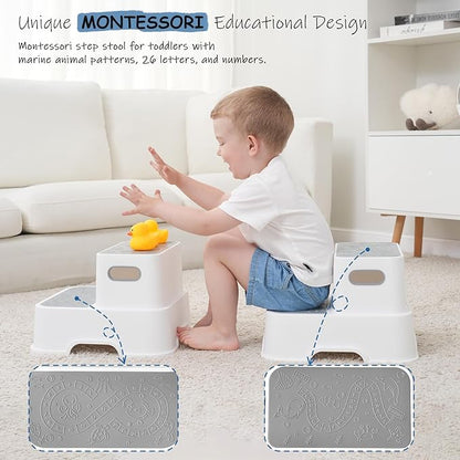 Toddler Step Stool for Bathroom Sink, 2-Pack Kids Toilet Potty Step Stools, Heavy Duty Baby Child Stepping Stool with Handle for Toddlers Kitchen Counter Bedroom Nursery Room (White)