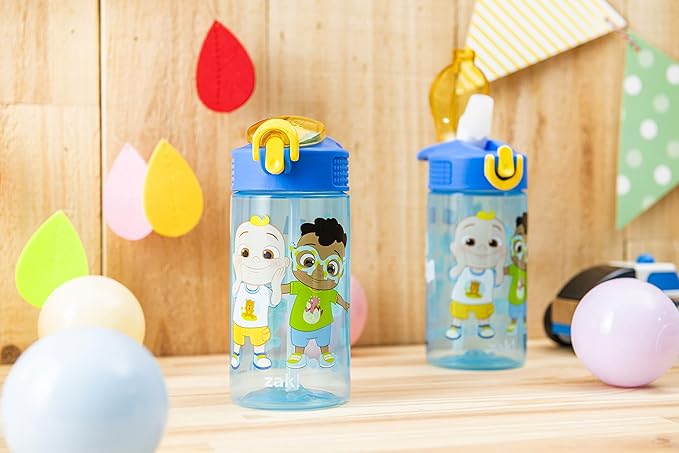 Zak Designs CoComelon Kids Water Bottle with Spout Cover and Built-In Carrying Loop, Made of Durable Plastic, Leak-Proof Water Bottle Design for Travel (16 oz, Pack of 2)