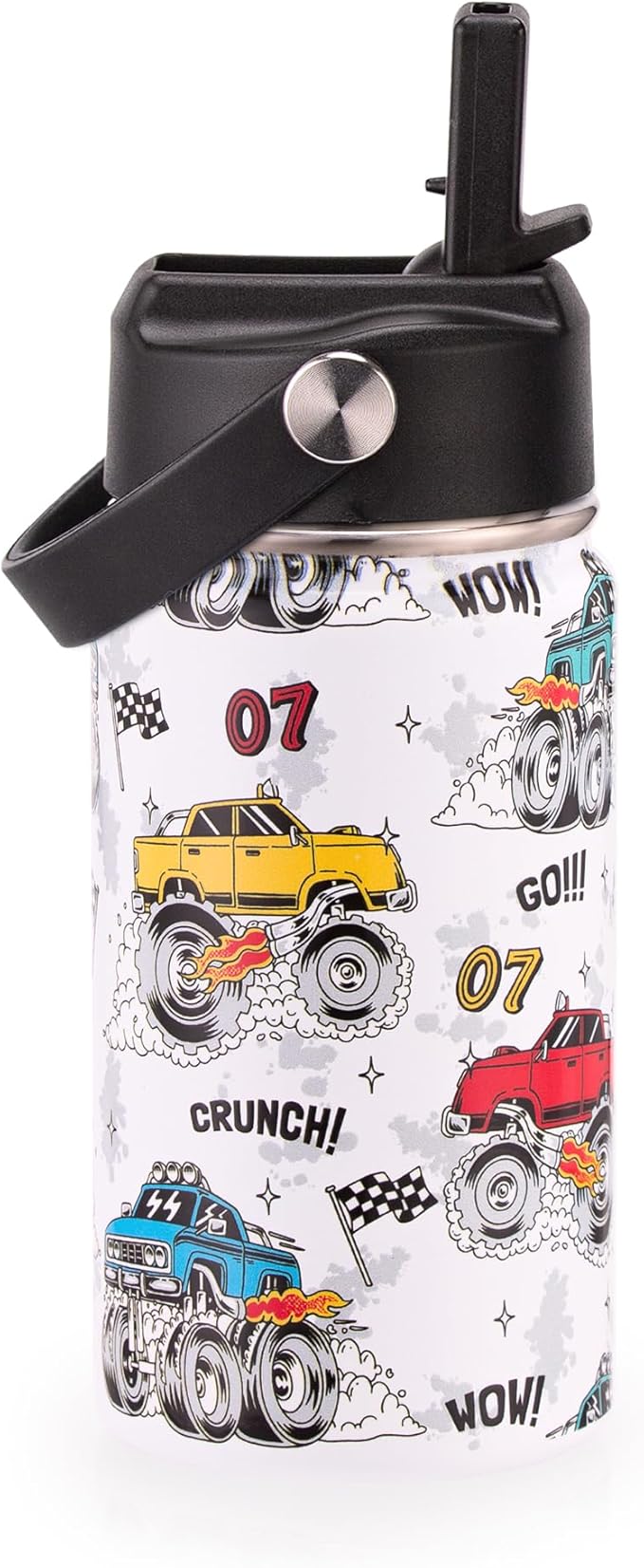 12oz Kids Insulated Water Bottle with Flip Straw & Big Handle, Monster Truck, Double Wall 18/8 Stainless Steel, Leakproof Gift for Kids Boys to School Travel Sports, Hands Wash Only, White