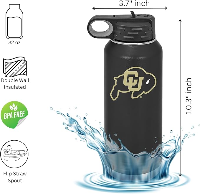 University of Colorado 32oz Stainless Steel Double Walled Black Beverage Bottle with Flip Straw Spout - College Gear for Playoff Season – For Office, Home or Auto – Show your Buff Nation Pride