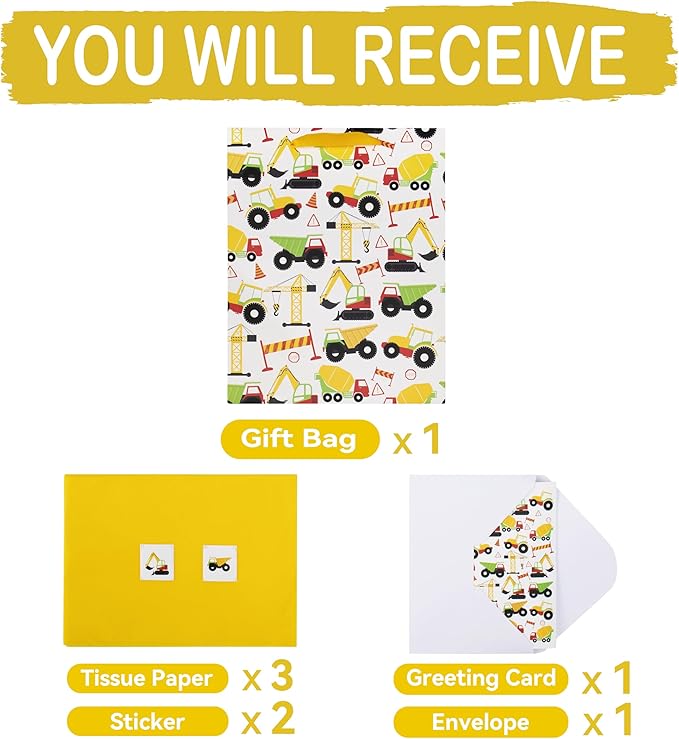 13" Large Vehicle-themed Gift Bags Set with Greeting Card and Tissue Paper (Yellow Car Design) for boys, Construction Kids Birthday Party, Baby boy, Baby Shower, Newborn -10.2”x5.2”x13”, 1 Pcs