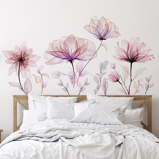 Zonon Flowers Wall Decals Vinyl Dragonflies Flowers Wall Stickers Removable Floral Wall Murals Peel and Stick Colorful Flower Wall Decor for Bedroom Living Room Nursery(Floral)