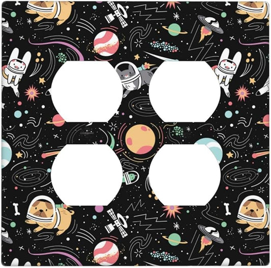 Space Cute Cat Dog Decorative 2 Gang Duplex Outlet Cover Wall Plate Double Switch Two for Electrical Kitchen Kids Boys Room Bedroom Bathroom Home Novelty Decorate