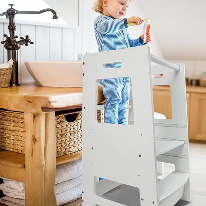 Toddler Kitchen Stool, Toddler Tower with Safety Rail, Toddler Stool for Kitchen Counter, Adjustable Height Little Helper Tower, Kitchen Stool for Toddlers 18 Months and Older, White