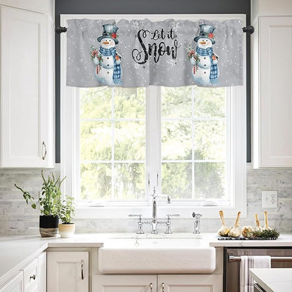 Vandarllin Snowman Christmas Kitchen Curtains and Valances Set, Let It Snow Winter Holiday Windows Treatments Tiers Half/Short Curtains for Small Windows Cafe/Living Room/Bedroom 54x24 in Grey White