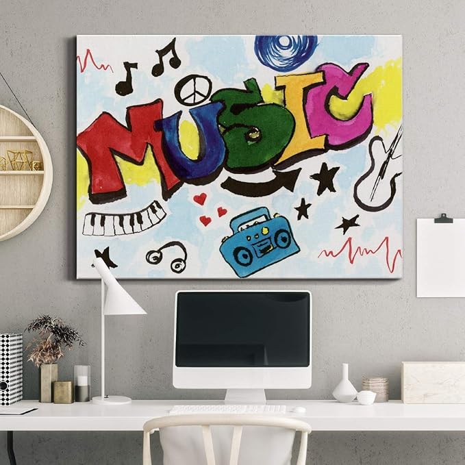 Renditions Gallery Canvas Animated Wall Art Home Paintings & Prints Colorful Retro Music Vibrant Instrumental Modern Canvas Artwork Decorations for Bedroom Office Kitchen - 32"x48" LT33