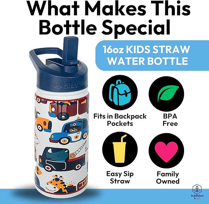 Biddlebee Kids Water Bottle with Straw Lid | 14oz Insulated Stainless Steel Reusable Bottles for School | Leak Proof Cap with Handle & Touch Free Spout | Great for Boys & Girls (Hometown Heroes)