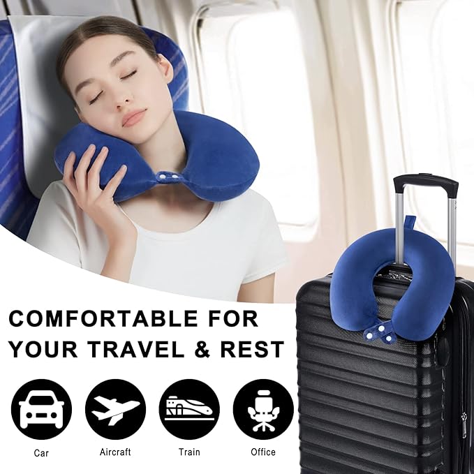 Travel Neck Pillow Airplane, Soft Memory Foam Support Head Neck Chin, with Removale Cover and Adjustable Snap Button, Comfortable Sleeping in Plane Car Train Traveling Office Home, Blue