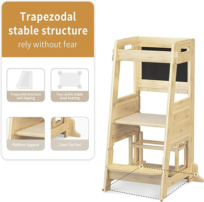 TOETOL Bamboo Toddler Kitchen Step Stool Kids Learning Helper Standing Tower 3 Height Adjustable Stool with Activity Chalkboard and Whiteboard Message Boards,Non-Slip Mat,Natural