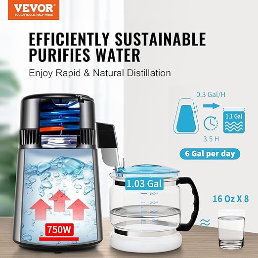 VEVOR Water Distiller, 4L 1.05 Gallon Pure Water Purifier Filter for Home Countertop, 750W Distilled Water Maker, Stainless Steel Interior Distiller Water Making Machine to Make Clean Water, Silvery