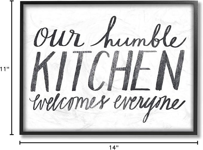 Stupell Industries Minimal Our Humble Kitchen Phrase Distressed Text, Design by Katie Doucette Black Framed Wall Art, 11 x 14, White