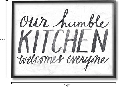 Stupell Industries Minimal Our Humble Kitchen Phrase Distressed Text, Design by Katie Doucette Black Framed Wall Art, 11 x 14, White