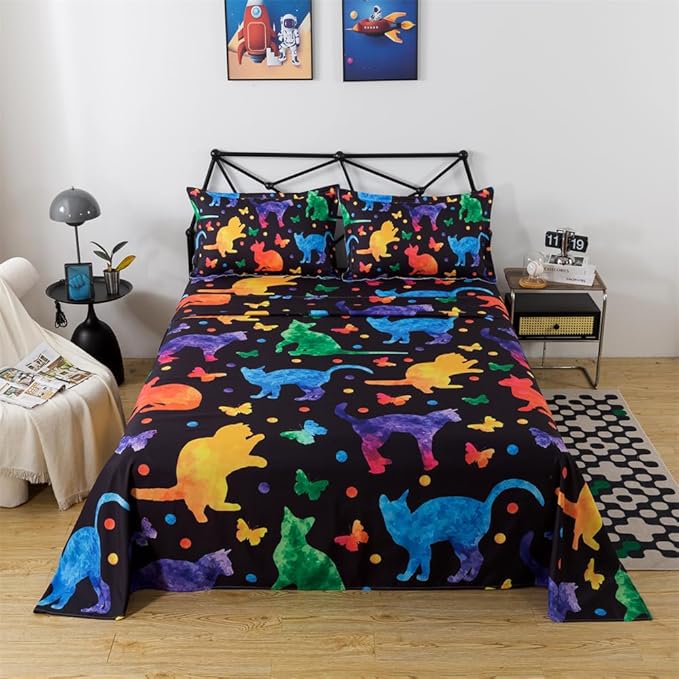 qjmiaofang Cat Sheets Twin Multi Color Sheet Set Cute Cats Bedding Set for Kids Candy Cat Fitted Sheet 3Pieces Butterfly Printed Bed Set for Home 1 Fitted Sheet 1 Flat Sheet 1 Pillowcases