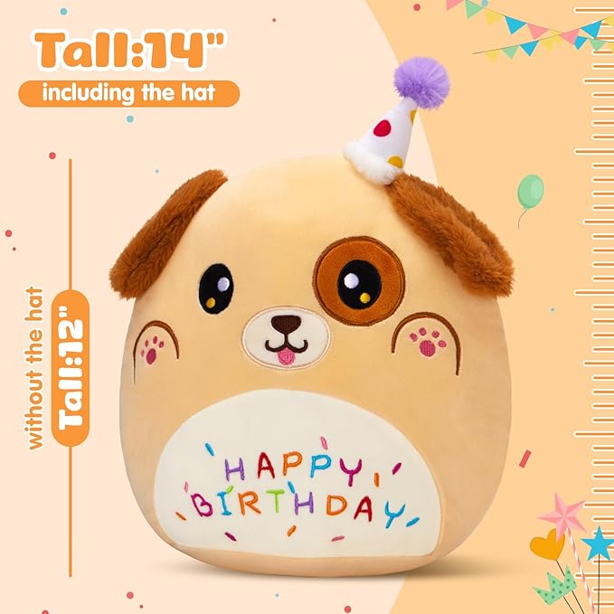 14'' Happy Birthday Puppy Soft Plush Pillow,Cute Birthday Dog Plush,Kawaii Dog Stuffed Animal,Happy Birthday Plush Toy Birthday Party Decoration Birthday Gifts for Kids Boys Girls