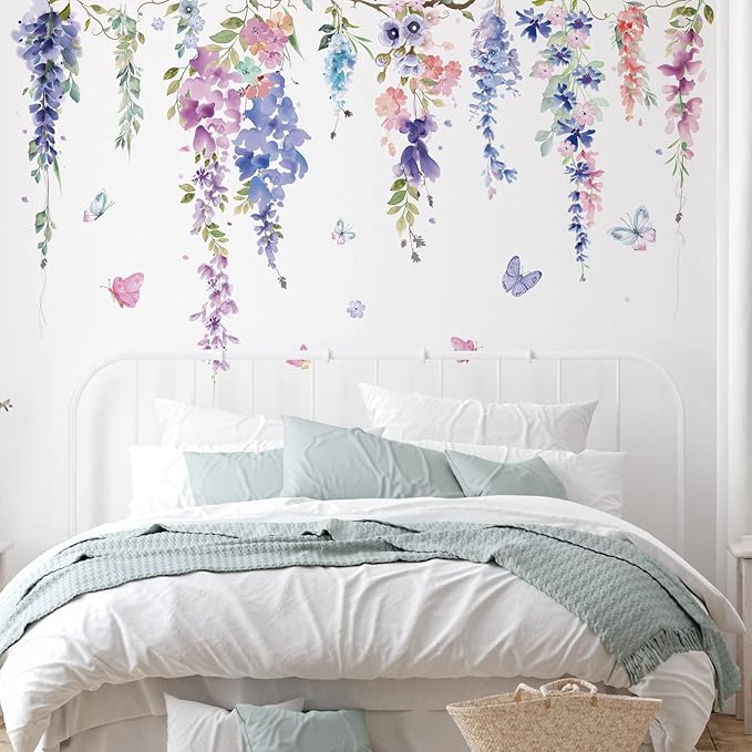 Zonon Flowers Wall Decals Vinyl Dragonflies Flowers Wall Stickers Removable Floral Wall Murals Peel and Stick Colorful Flower Wall Decor for Bedroom Living Room Nursery(Elegant)