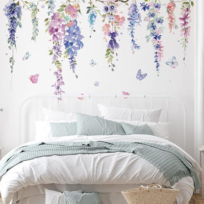 Zonon Flowers Wall Decals Vinyl Dragonflies Flowers Wall Stickers Removable Floral Wall Murals Peel and Stick Colorful Flower Wall Decor for Bedroom Living Room Nursery(Elegant)