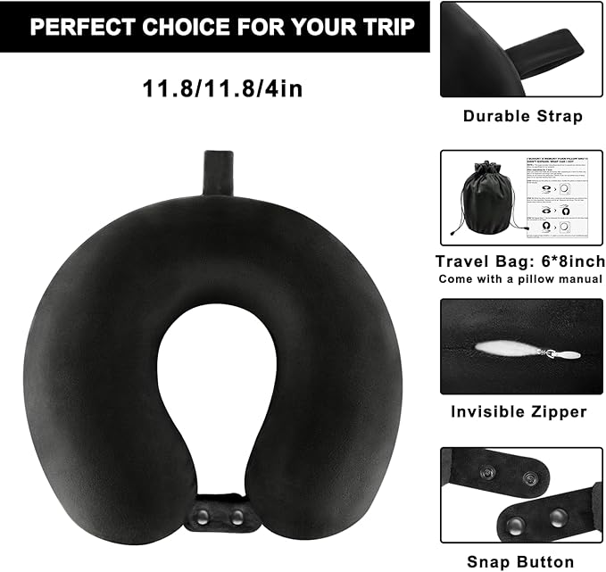 Travel Neck Pillow Airplane, Soft Memory Foam Support Head Neck Chin, with Removale Cover and Adjustable Snap Button, Comfortable Sleeping in Plane Car Train Traveling Office Home, Black