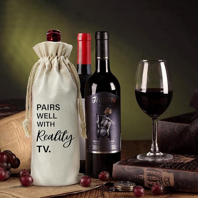 ZHANTUONE，Pairs Well With Really TV,Funny Birthday Gift Ideas Wine Bag,Drawstring Polyester Cotton Cloth Wine Bag,For Friend Boss Teacher Wine Lovers Reusable Wine Wrap Bag,13IN