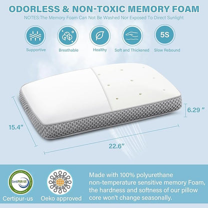 2 Pack Cooling Bed Pillows for Sleeping, Memory Foam Bed Pillows Queen Size Set of 2, Gel Pillow for Sleepers Cool Pillow for Side Back and Stomach Sleepers, Cold Pillow, Supportive（Grey）