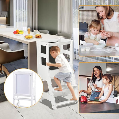 Toddler Tower, Kitchen Stool Helper for Toddlers with Chalkboard, Safety Rail, Adjustable Heights, and Anti-Slip Protection, Montessori Learning Standing Tower, Removable Step Stool for Adults, White