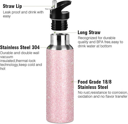 xigua 22 OZ Pink Glitter Texture Water Bottle with Straw, Sports Water Bottle BPA Free Stainless Steel Water Jugs for Gym, Kitchen, Working, Outdoor