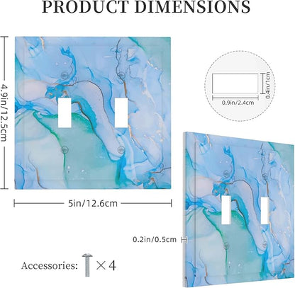 Abstract Marble Blue Gold Double Toggle Light Switch Covers 2 Gang Wall Plate Dual Decorative Switchplate Electrical Faceplate for Bathroom Country Kitchen Bedroom Decor, 4.9" x 5"