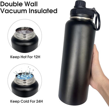 1pack 40 oz Insulated Water Bottle With Straw, Stainless Steel Sports Water Cup Flask with 2 Lids, Wide Mouth Travel Thermal Mug,Black