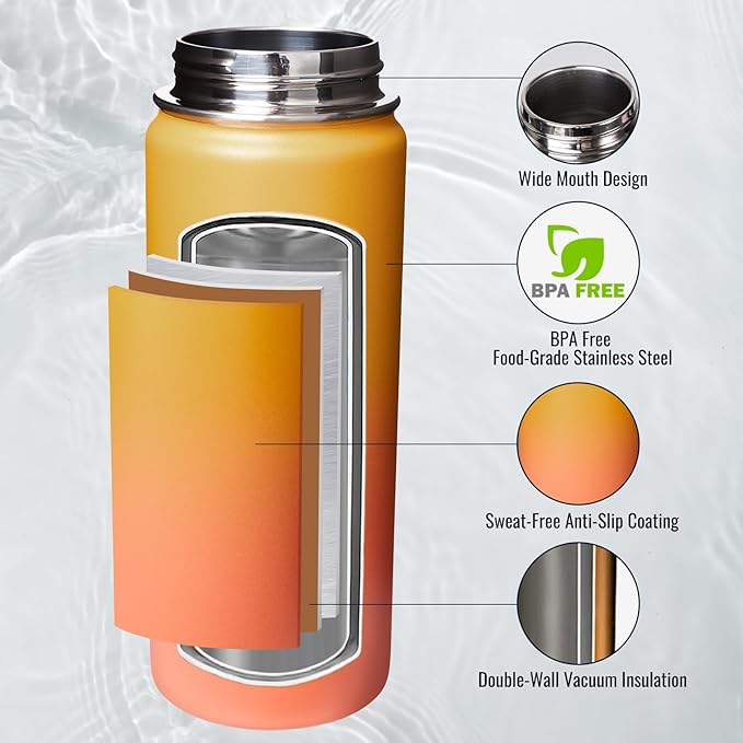 18oz Insulated Water Bottle with Handle, Stainless Steel Water Bottles with Wide Mouth, Double Wall Vacuum Sports Water Bottle, BPA Free, Keep Cold and Hot, Yellow&Orange