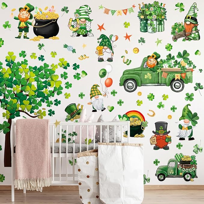 St. Patrick's Day Wall Decals Stickers Green Truck Shamrock St. Patricks Day Window Clings Lucky Clover Golden Coins Irish Spring Holiday Home Kitchen School Office Decor Party Supplies Decoration