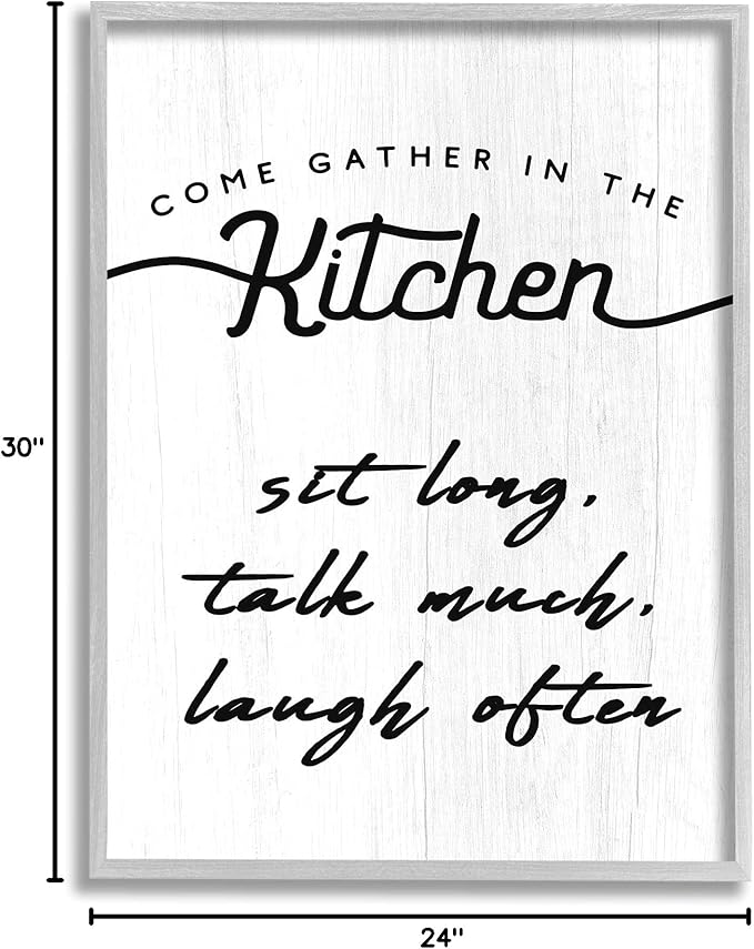 Stupell Industries Kitchen Gathering Sign Minimal Sit Talk Laugh Phrase, Designed by Daphne Polselli Gray Framed Wall Art, 24 x 30, Off- White