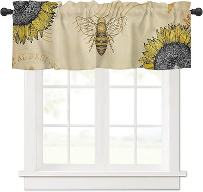 Vintage Sunflower Bee Valance Curtains for Kitchen Window,Summer Rod Pocket Valances Window Treatments Yellow Short Curtains for Bedroom/Living Room,54" X 18" -1 Panel,