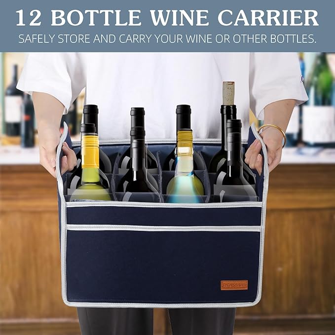 12 Bottle Wine Carrier, Thicken Felt Wine Carry Case Collapsible Wine Bottle Storage Box Liquor Bottle Tote with Handles for Travel, Party, Picnic (Navy Blue)