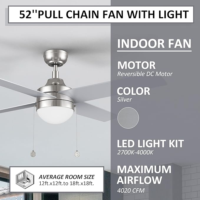 52 Inch Silver Pull Chain Ceiling Fan with Reversible DC Motor, 3-color LED Light Adjustable, 5 Speeds Quiet Reversible DC Motor, 4 Plywood Blades Modern Ceiling Fan for Living Room, Bedroom, Kitchen