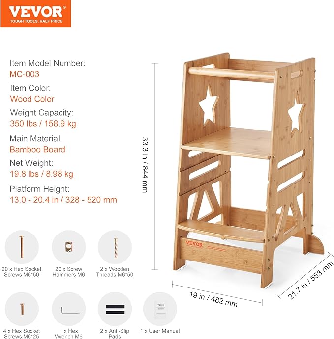 VEVOR Tower Step Stool, 3-Level Height Adjustable Toddler Step Stools for Kids, Kitchen Stool Helper, Bamboo Kids Standing Tower Learning Stool with Safety Rail for Kitchen Counter Bathroom, 350LBS