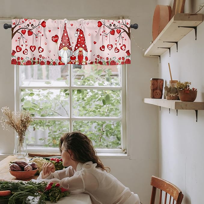 Vandarllin Valentines Day Decor Valances Kitchen Curtains for Windows, Valentine's Hearts Gnomes Love Tree Rod Pocket Valances Red Roses Short Curtains for Bedroom/Living Room,54" X 18" -1 Panel