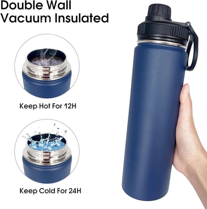 1pack 22 oz Insulated Water Bottle With Straw, Stainless Steel Sports Water Cup Flask with 2 Lids, Wide Mouth Travel Thermal Mug,Navy