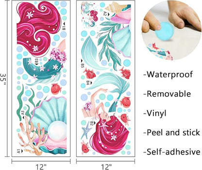 Mfault Mermaid Under The Sea Wall Decals Stickers, Shell Pearl Ocean Creatures Marine Life Nursery Decoration Girls Bedroom Art, Coastal Beach Bubble Fish Coral Toddler Kids Room Playroom Home Decor