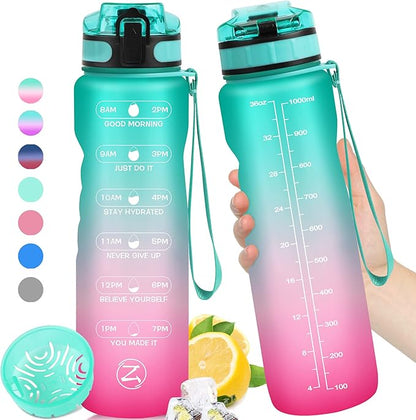 ZOMAKE 32oz Motivational Water Bottle with Times to Drink,Time Marker & Removable Strainer,Fast Flow,Leakproof Tritan BPA Free Non-Toxic Water Jug for Fitness,Gym,Sports…