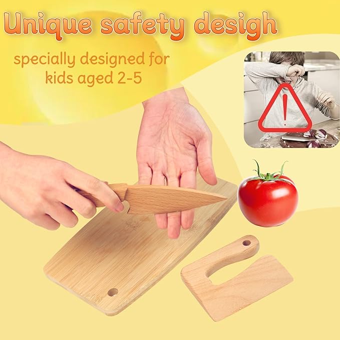 Wooden Kids Safe Knife and Kids Baking Set for Real Cooking, 10 PCS Toddler Montessori Kitchen Tools, Cooking and Baking for Kids Little Chefs Montessori Kitchen Tools for Toddlers-Kids Cooking Sets