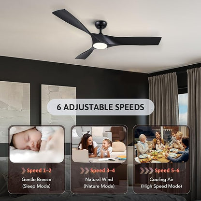 VONLUCE Ceiling Fan with Light and Remote Control, 52 Inch Modern Fan with 3 Blades Noiseless DC Motor for Bedroom, Living Room, Kitchen, Study, Black