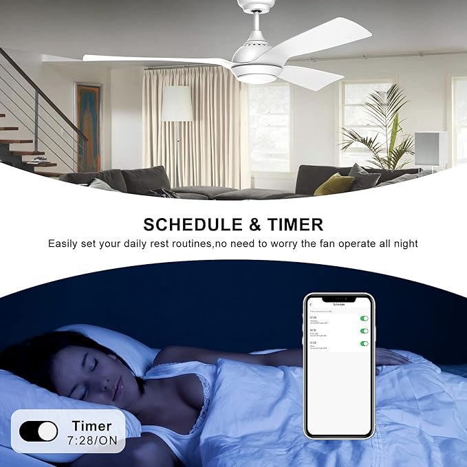 reiga 52 Inch White DC Motor Smart Ceiling Fan with Dimmable Led Lights Suit for Indoor/Outdoor, 6 Speed, Timer, Remote App Alexa Google Home Control