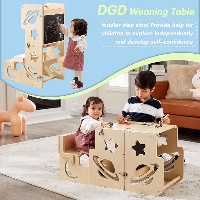 Toddler Tower, Toddler Stool for Kitchen, Kids Learning Wooden Tower, Foldable Weaning Table with Kids Step Stool, Montessori Toddler Standing Tower for Bathroom and Kitchen Counter