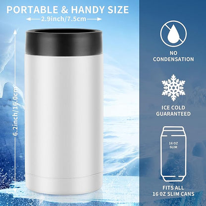 16oz Double wall Stainless Steel Insulated Can Cooler, Bottle or Tumbler for Slim Beer & Hard Seltzer Cans, Beer Bottle Holder (White)