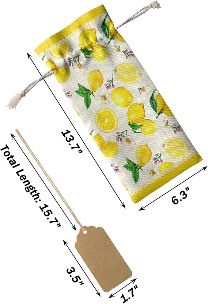 10 Pack Wine Bottle Bags, Summer Lemon Wine Bottle Cover with Drawstring, Yellow Tropical Lemon Spring Floral Gift Bag for Champagne Wedding Birthday Party