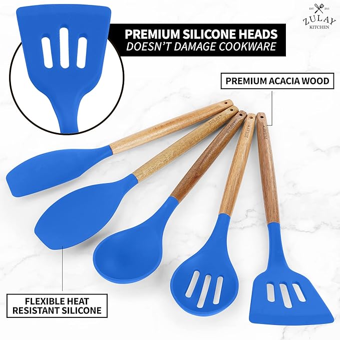 Zulay Kitchen Utensils Set - Non-Stick Silicone Cooking Utensils Set with Authentic Acacia Wood Handles - 5 Piece Silicone Utensil Set - Silicone Kitchen Utensils Set (Dark Blue)