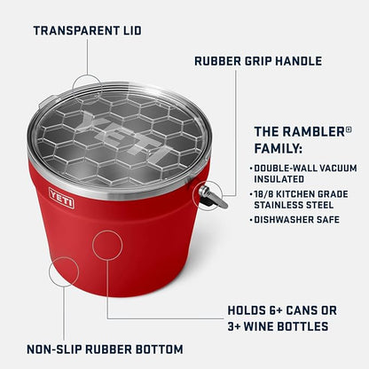 YETI Rambler Beverage Bucket, Double-Wall Vacuum Insulated Ice Bucket with Lid, Rescue Red