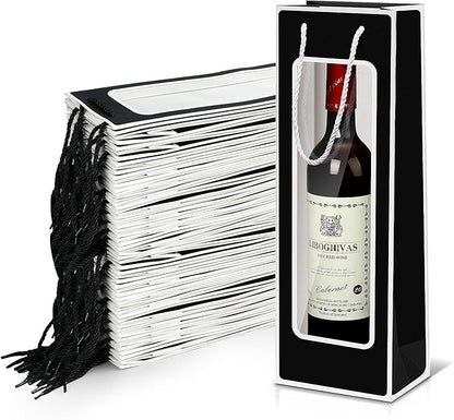 Yeaqee 50 Pcs Wine Gift Bags for Wine Bottles 4.92" x 3.35" x 14.2" Reusable Clear Window Wine Bottle Bags Bulk with Handles for Weddings, Birthday(Black, Elegant)