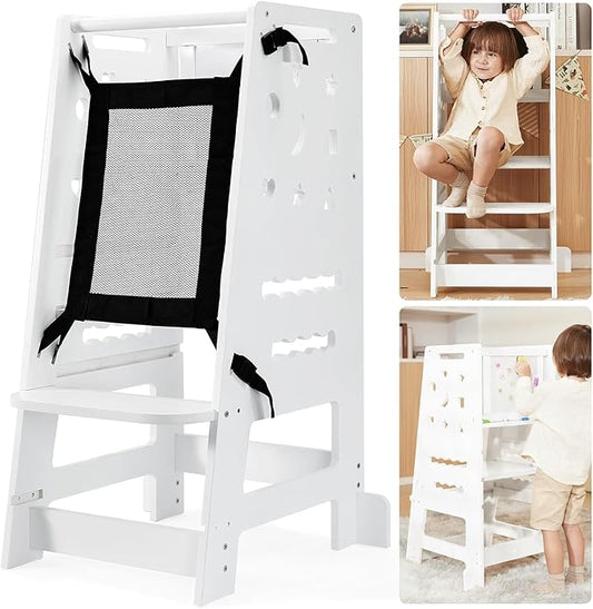 Toddler Tower, Learning Kitchen Tower Height Adjustable with Removable Safety Net, Non-Slip Mats, Chalk/Whiteboard, Standing Tower for Toddlers Cooking & Learning