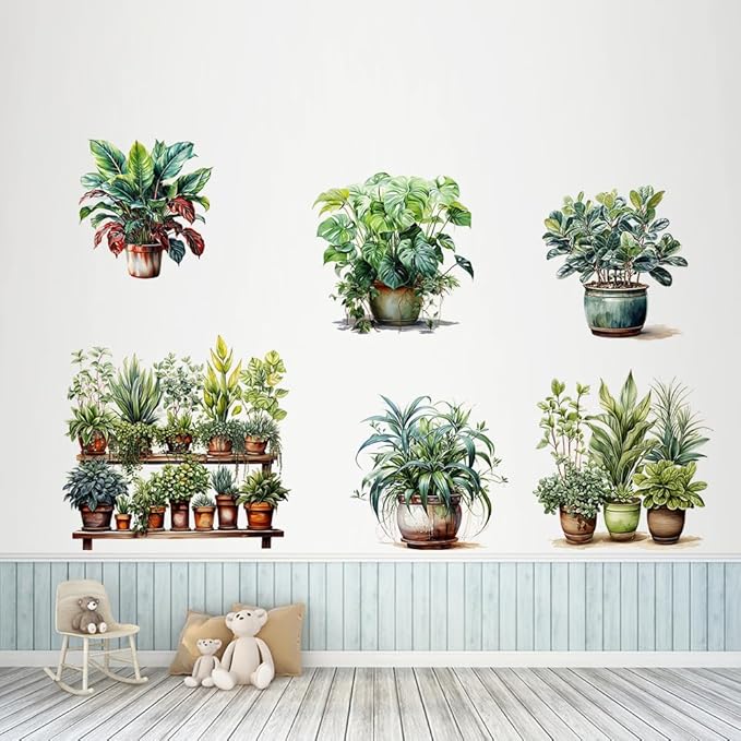 Tropical Plants Wall Stickers Green Potted Plant Wall Decals Removable DIY Art Murals for Family Living Room Background Wall Decoration Kids Bedroom Kitchen Office Girl Room Wallpaper-color A