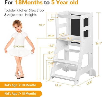 Toddler Tower, Kitchen Stool Helper for Toddlers with Chalkboard, Safety Rail, Adjustable Heights, and Anti-Slip Protection, Montessori Learning Standing Tower, Removable Step Stool for Adults, White